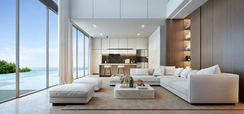 Luxury living room with modern charcoal aluminium sliding windows framing panoramic yacht marina and sea views