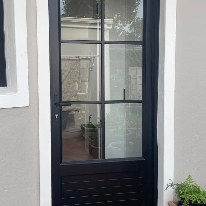 Black framed glass door with six panes on white exterior wall, green plant visible at bottom right corner