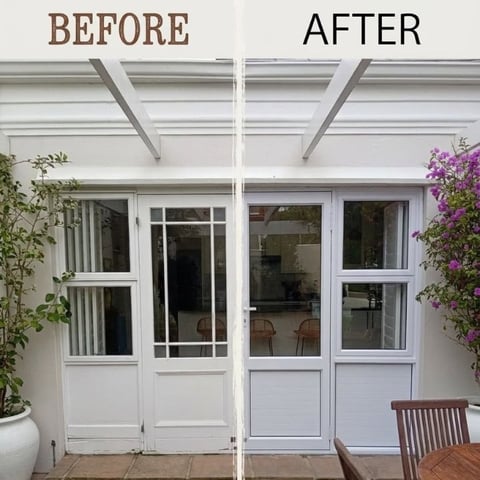 Before and after comparison of French doors exterior renovation, showing new bright white doors with flowering vines on the right side