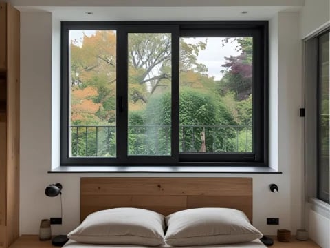 Modern bedroom with large black-framed window overlooking green trees and garden landscape above wood bed frame with white pillows