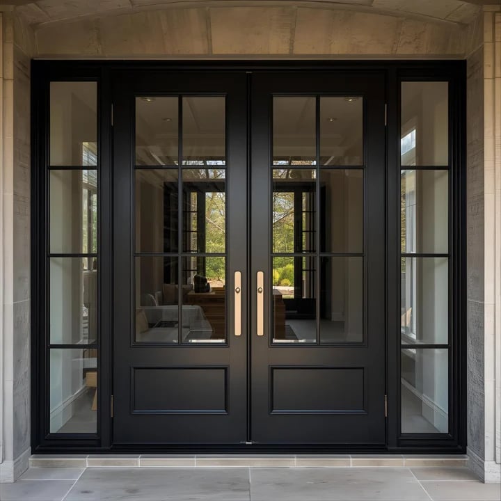 Modern black double entry doors with glass panels and sidelights on a stone patio entrance