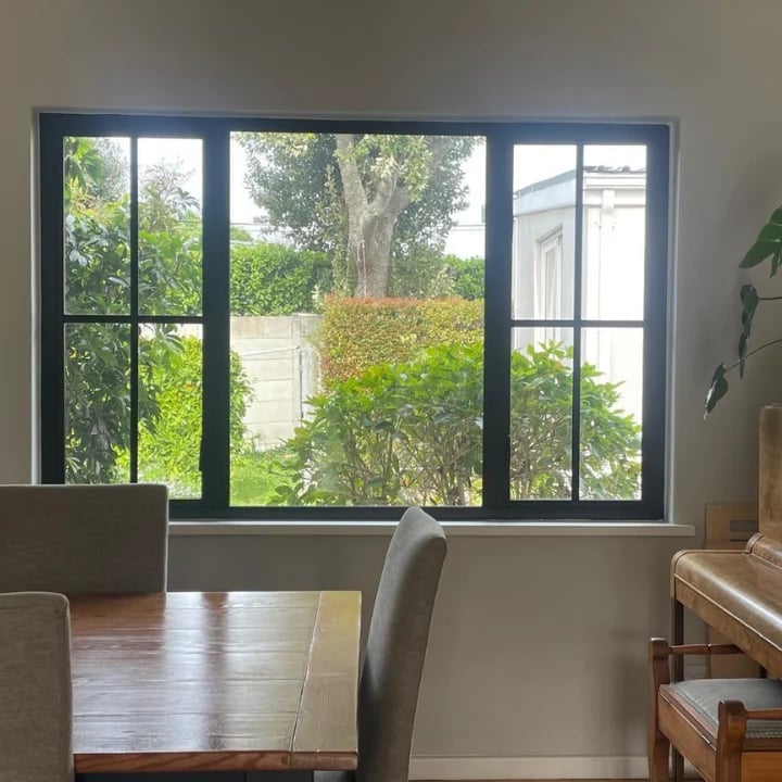 Large black-framed window overlooking green trees and garden, with interior furniture and plants visible