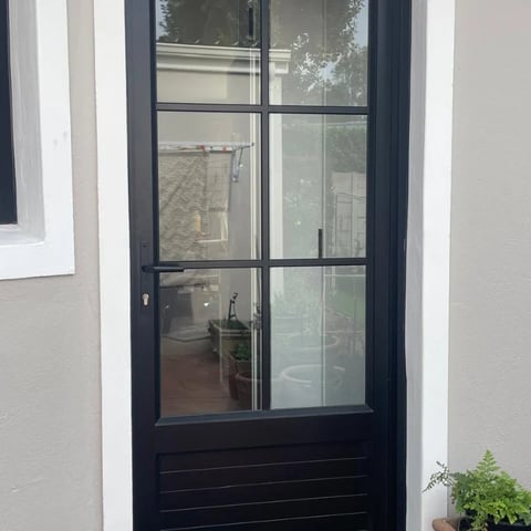 Black framed glass door with grid panes on white wall, showing interior kitchen view and small potted plant outside
