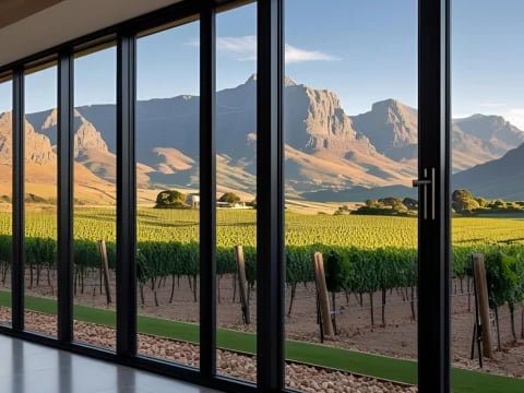 View through black-framed windows of vineyard rows with mountains in the background under blue sky