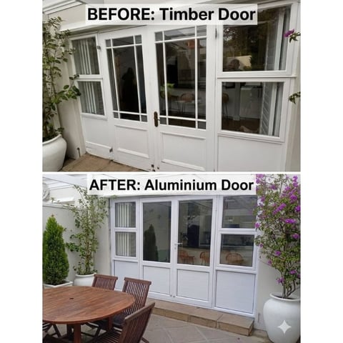 Before and after comparison of door replacement from timber to aluminium French doors on a residential patio.